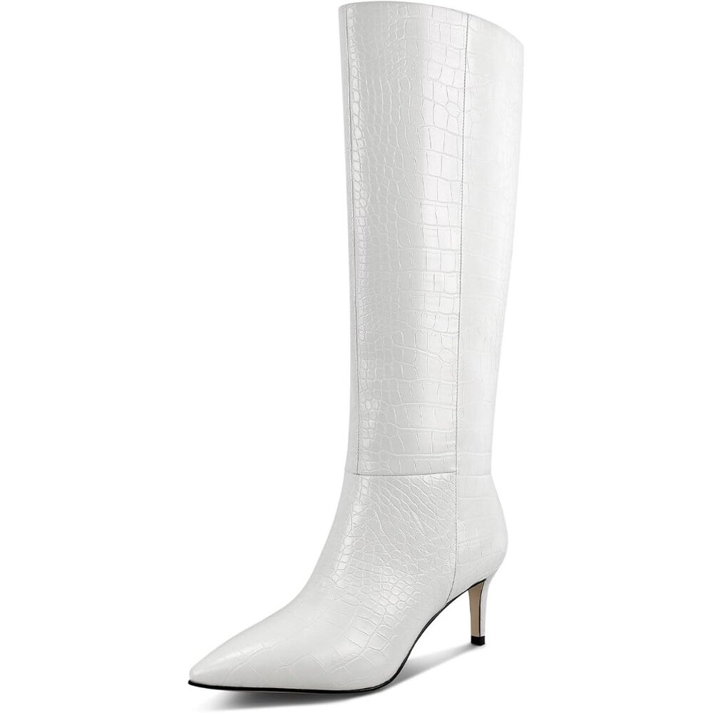 NEW Wet Kiss The Snow Queen Elegant Crocodile White Knee High Stiletto Boots 6.5